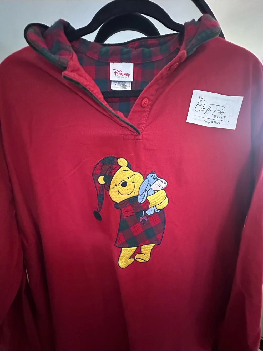 Vintage Disney Red Winnie the Pooh Long-Sleeve night gown with Plaid Accents